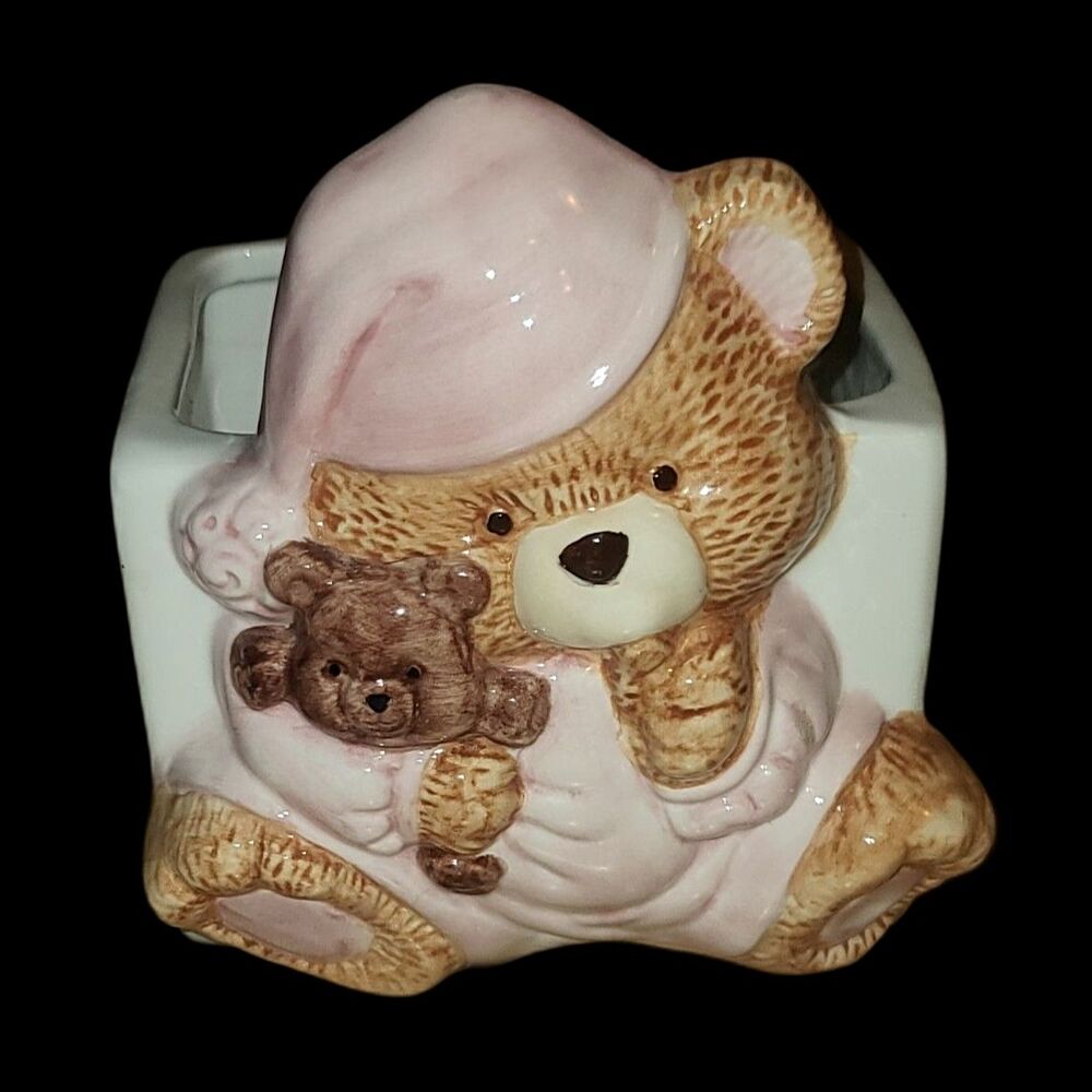Bedtime Bear Holding Teddy Ceramic Nursery‎ Container Decor with Moon & Stars